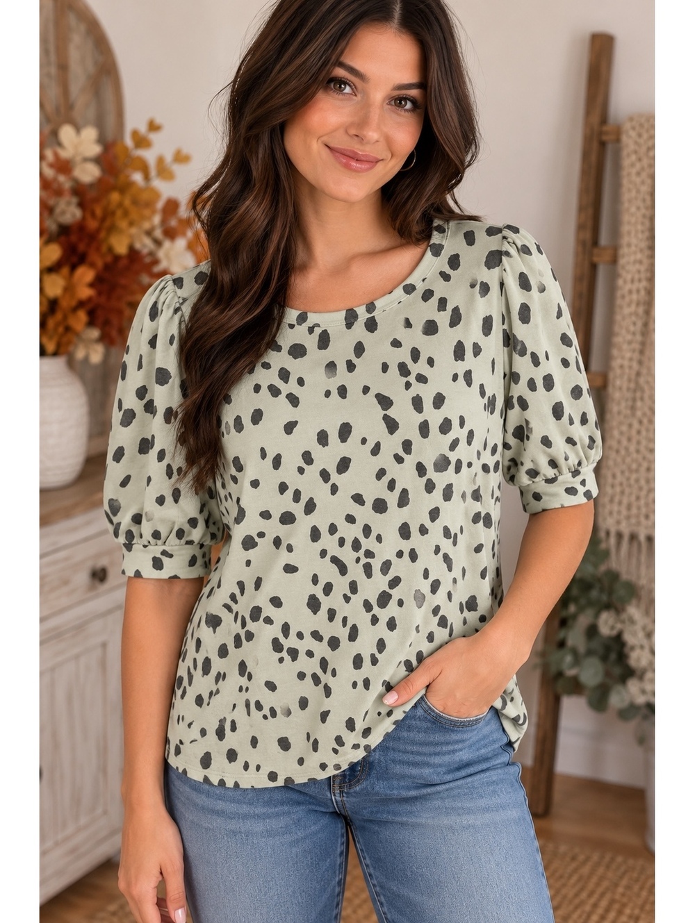 1335 NWT Bibi Small Boutique 21" PTP Mint Green and Grey Spot Print Top A0001335